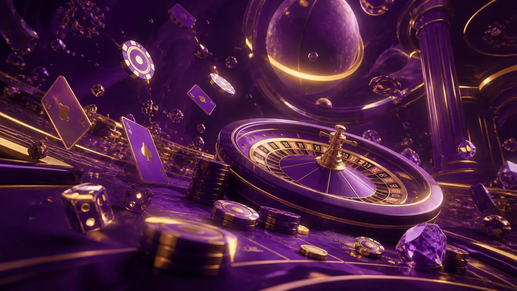 Cinematic hero banner with casino-themed elements like poker chips, glowing cards, and dice in luxury style